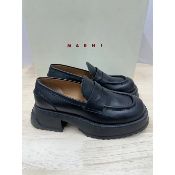 MARNI Women's 38 Oversized Moccasin Shoes Black Leather Platform Loafers - NEW - Picture 1 of 8